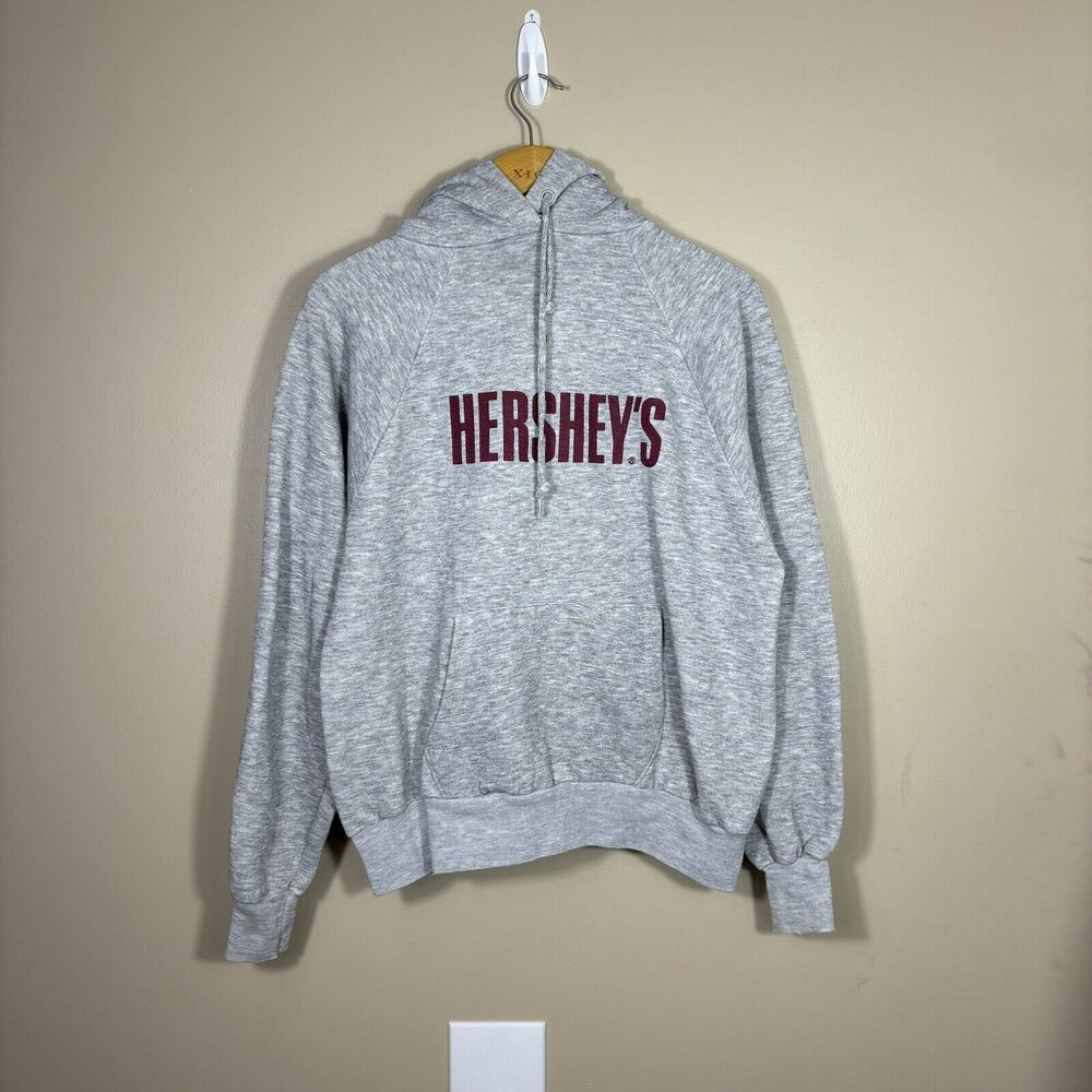 Vintage 80s Hershey Chocolate Hoodie Sweatshirt Gray Pullover Wmns M Candy Promo
